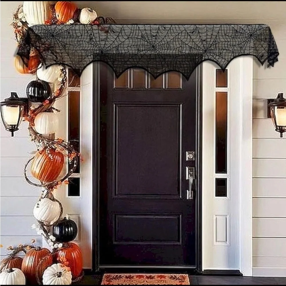 Halloween Decor Set Black Lace Spiderweb Mantle Cover/Scarf, Skulls & Pumpkins
